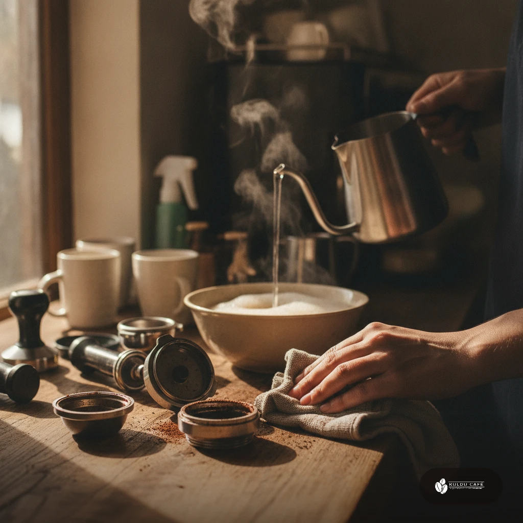 Limpieza de accesorios del barista: molinillo, jarras y herramientas