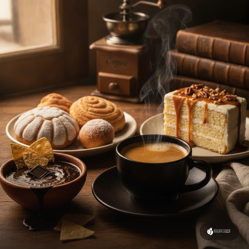 Café y postres mexicanos: pan dulce, tres leches, cajeta y mole